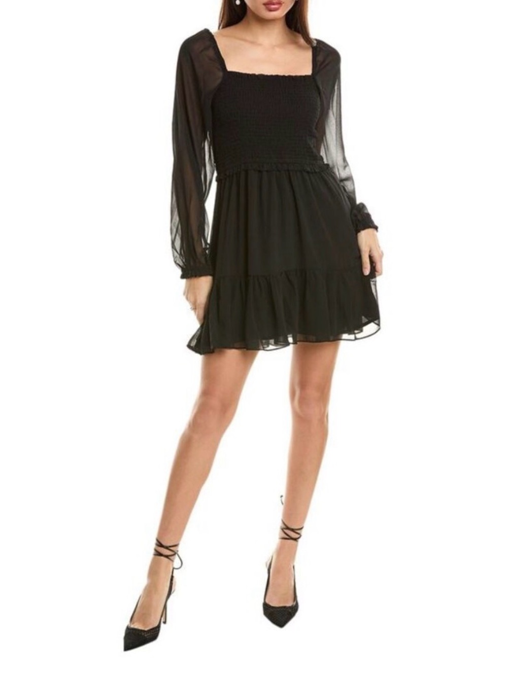 Black Smocked Mini Dress Long-Sleeve Black size S